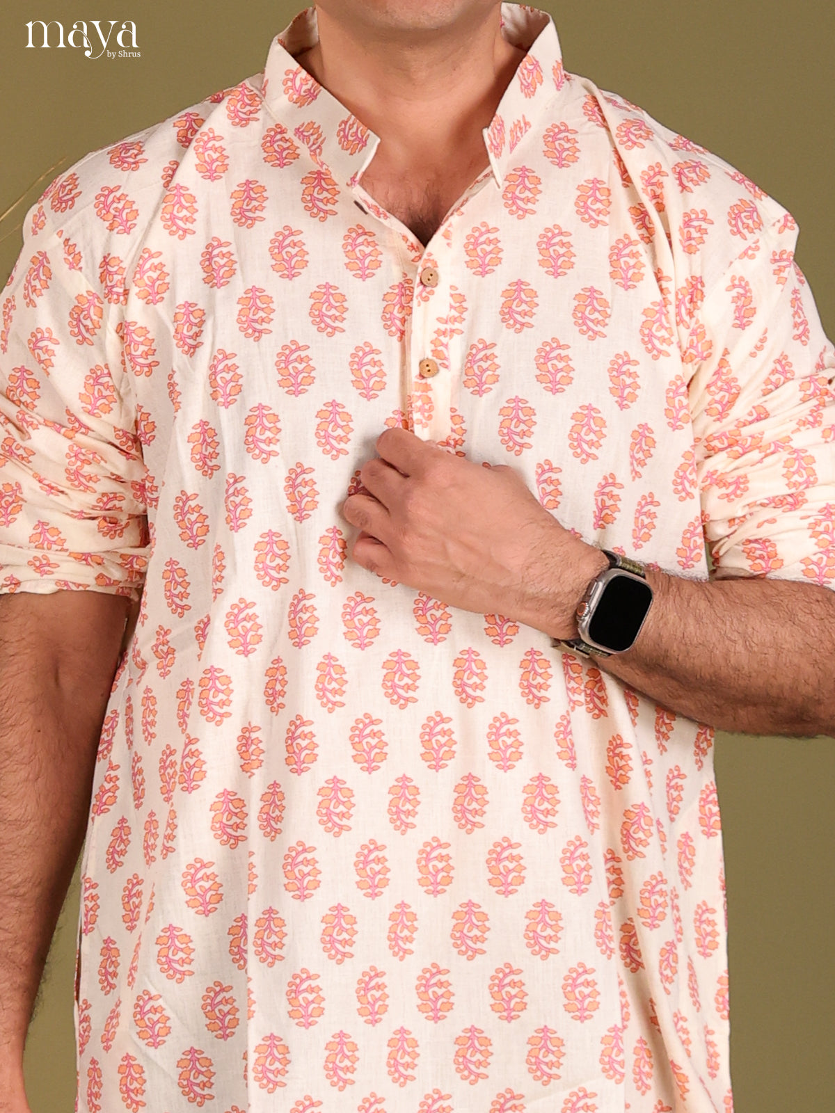 Cream with Orange Cotton Printed Long Men Kurta