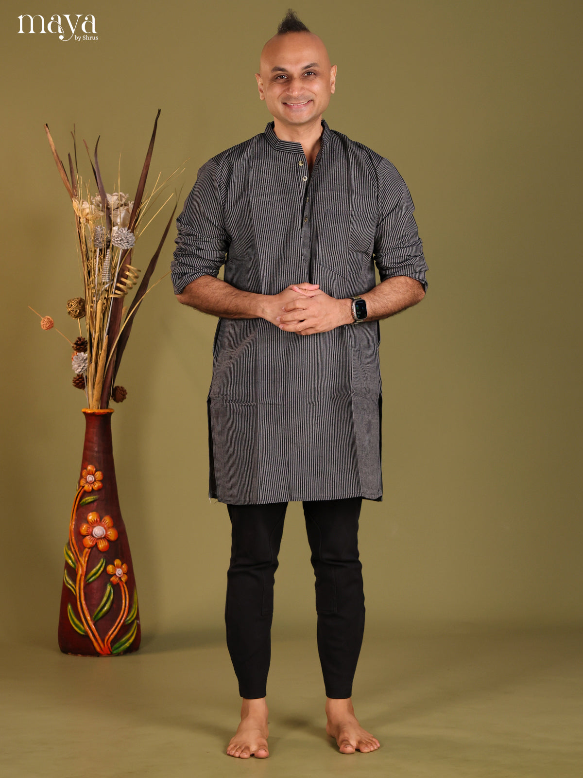 Black Cotton Stripe Printed Long Men Kurta