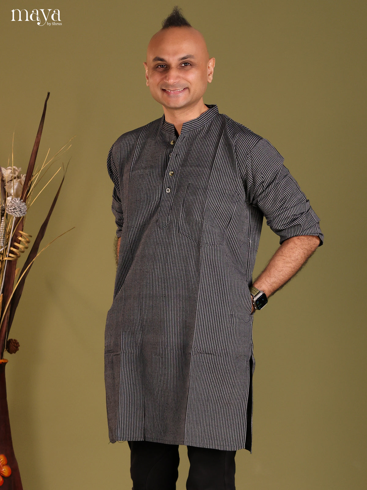 Black Cotton Stripe Printed Long Men Kurta