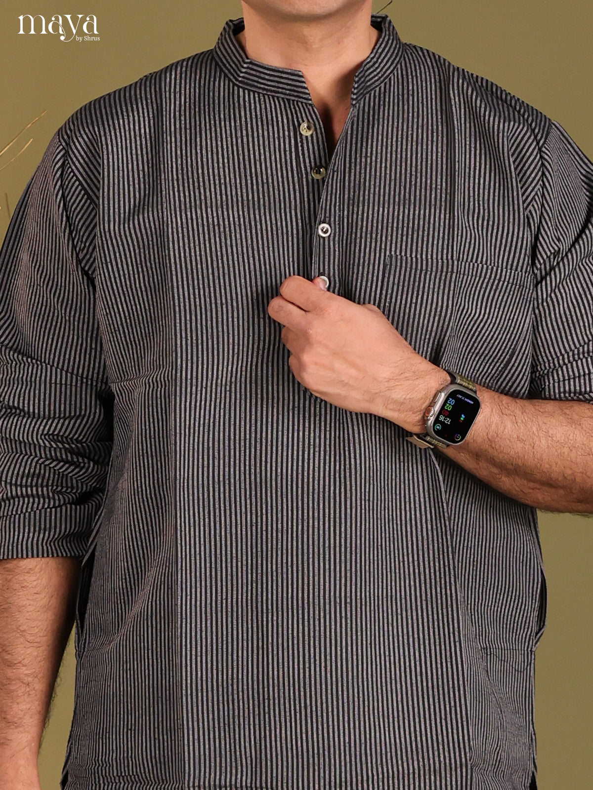 Black Cotton Stripe Printed Long Men Kurta