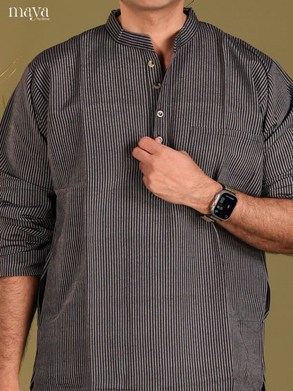 Black Cotton Stripe Printed Long Men Kurta