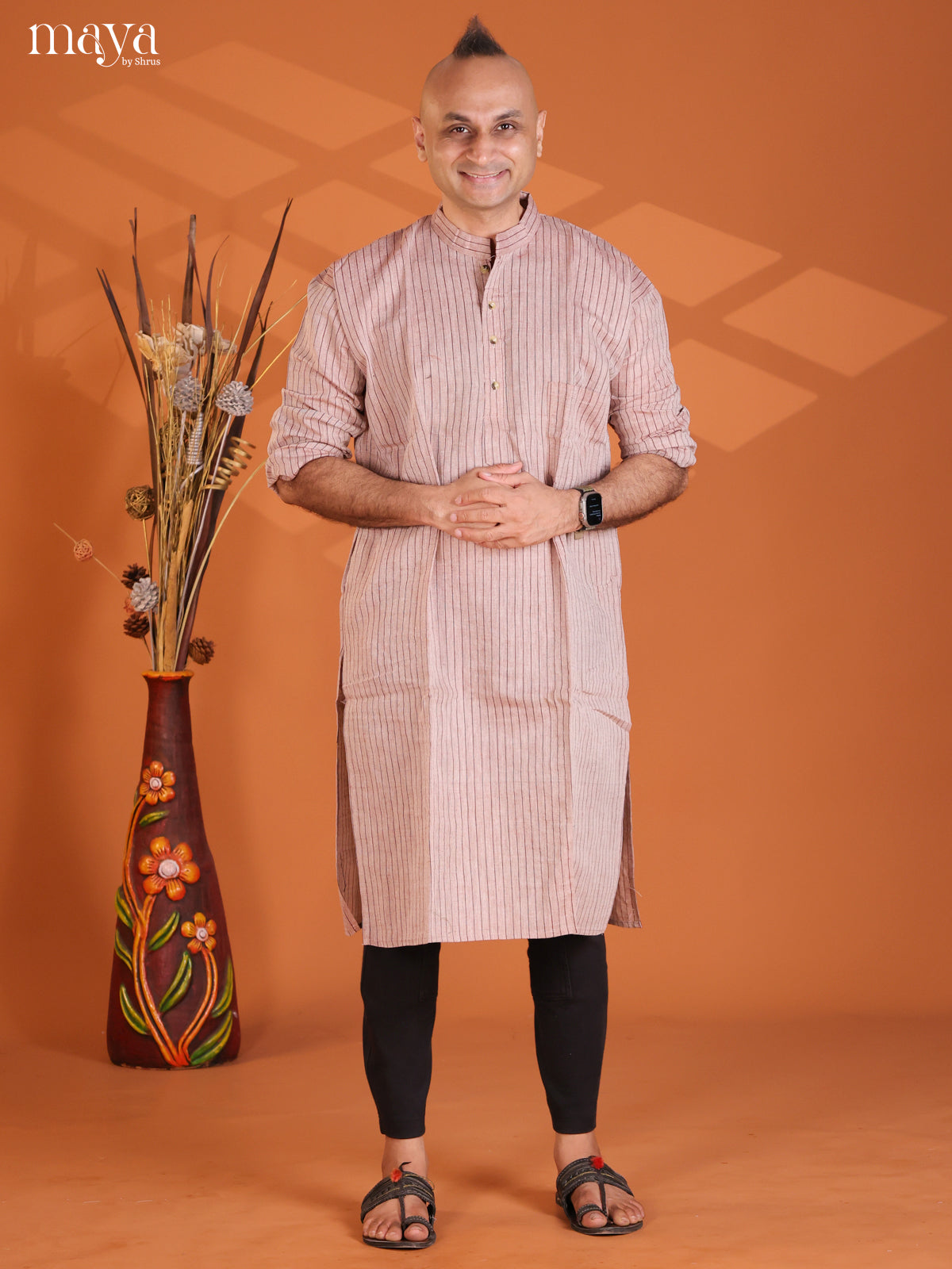 Light Brown with Maroon Cotton Stripe Printed Long Men Kurta