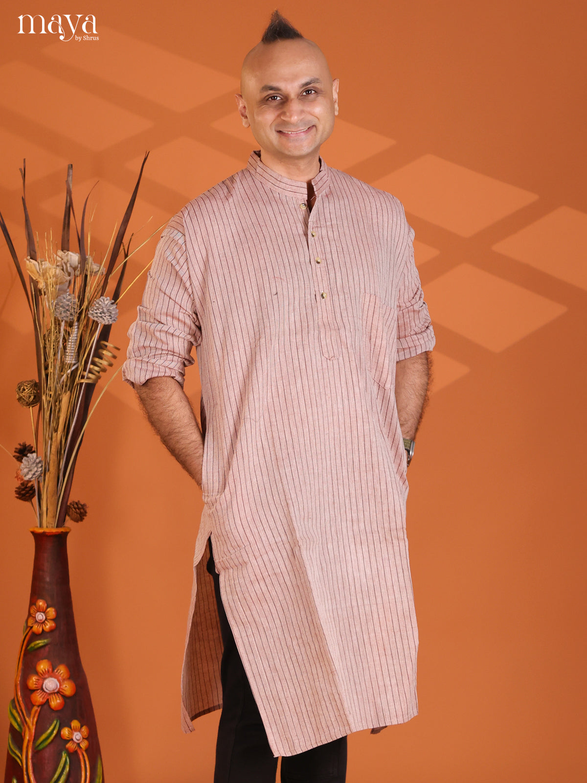 Light Brown with Maroon Cotton Stripe Printed Long Men Kurta