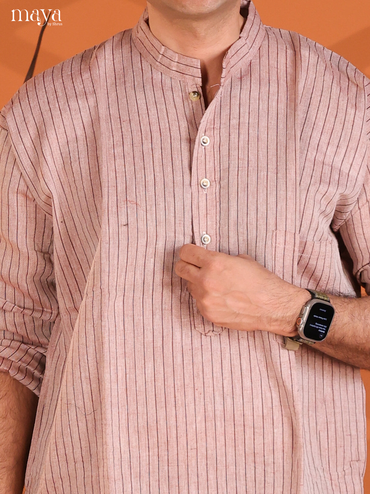 Light Brown with Maroon Cotton Stripe Printed Long Men Kurta