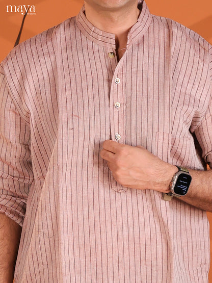 Light Brown with Maroon Cotton Stripe Printed Long Men Kurta