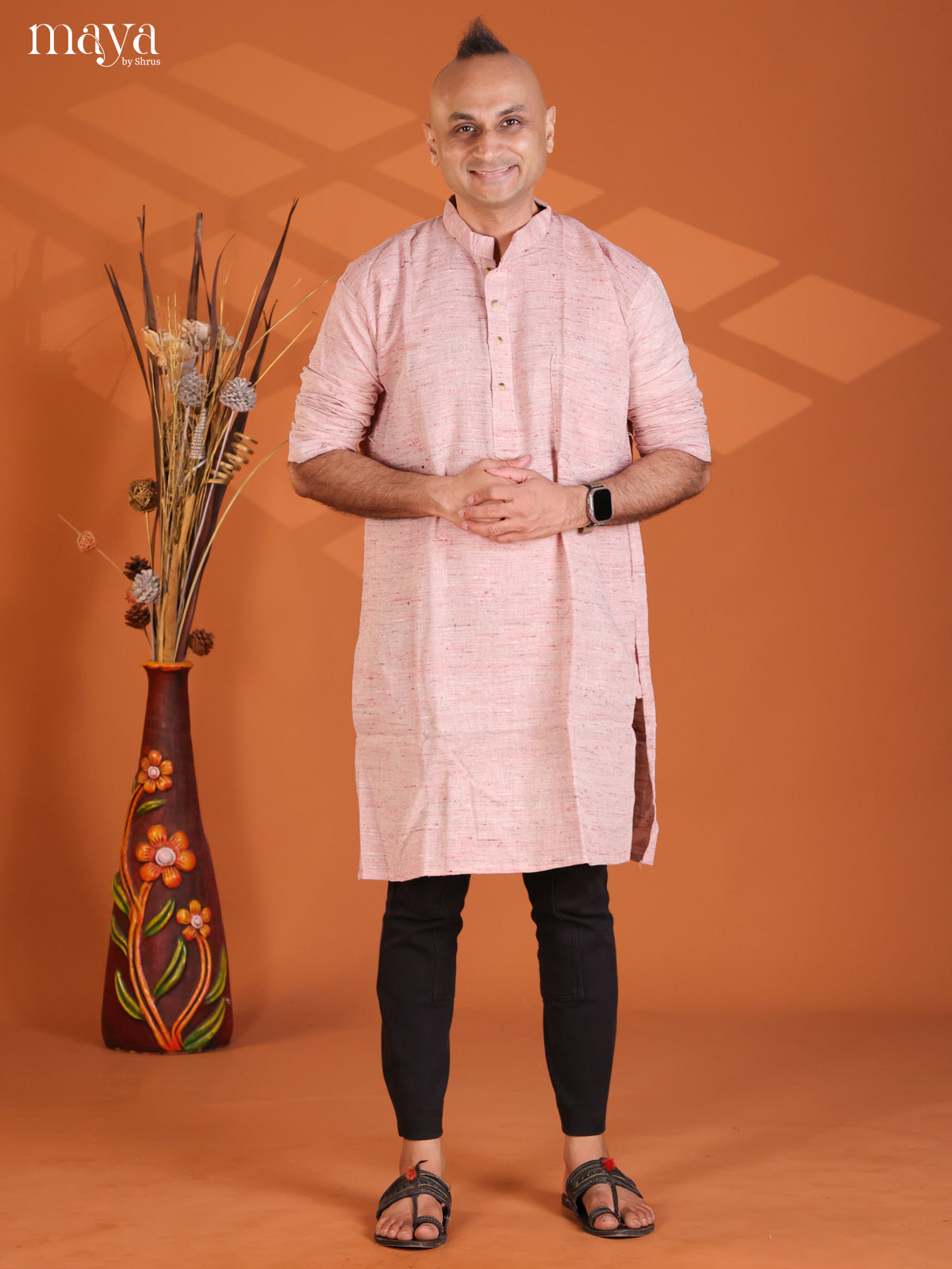 Onion Pink Kathi Cotton Ikat Printed Long Men Kurta