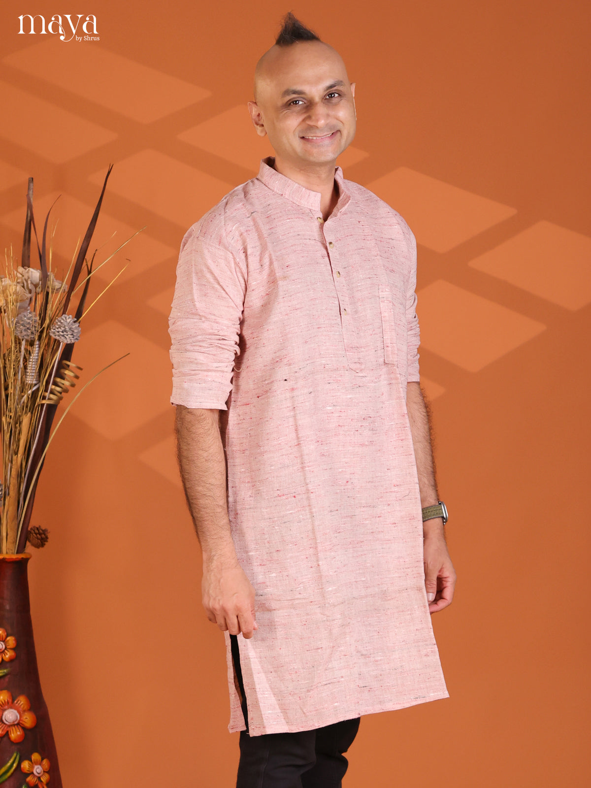 Onion Pink Kathi Cotton Ikat Printed Long Men Kurta