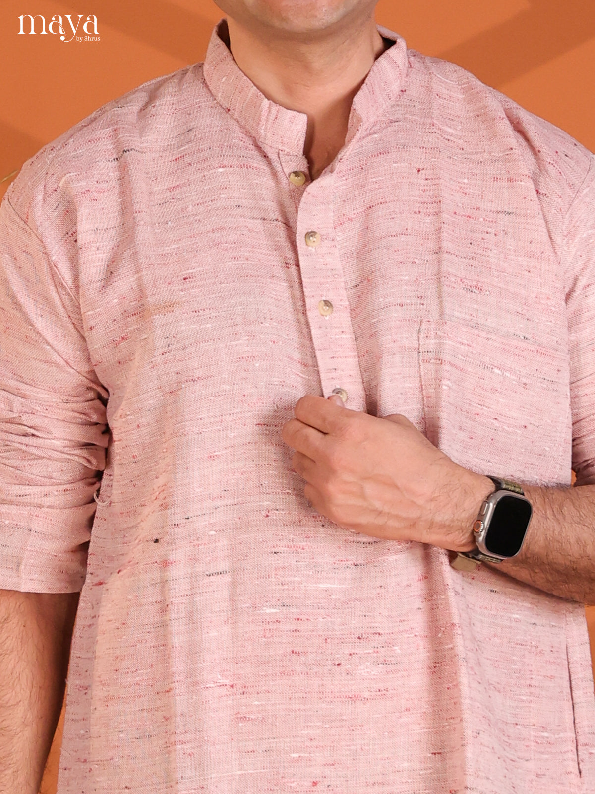Onion Pink Kathi Cotton Ikat Printed Long Men Kurta