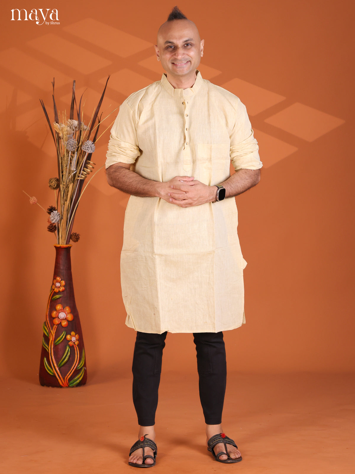 Light Yellow Cotton Plain Long Kurta