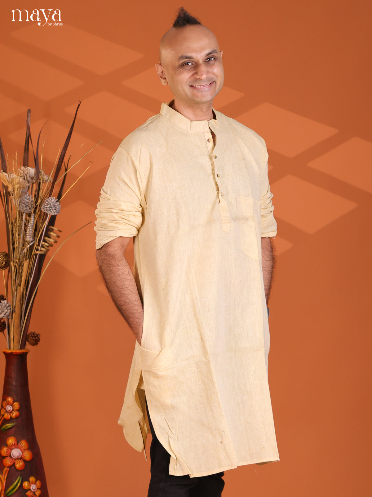 Light Yellow Cotton Plain Long Kurta
