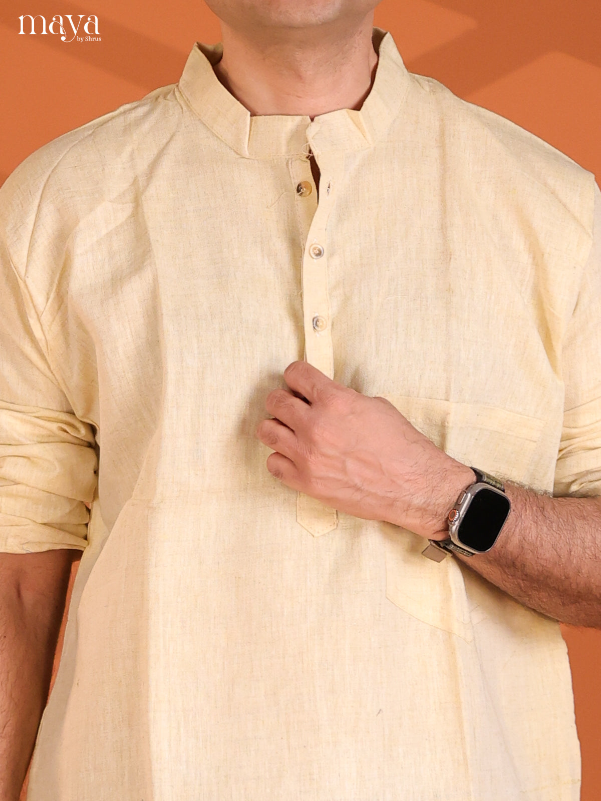Light Yellow Cotton Plain Long Kurta