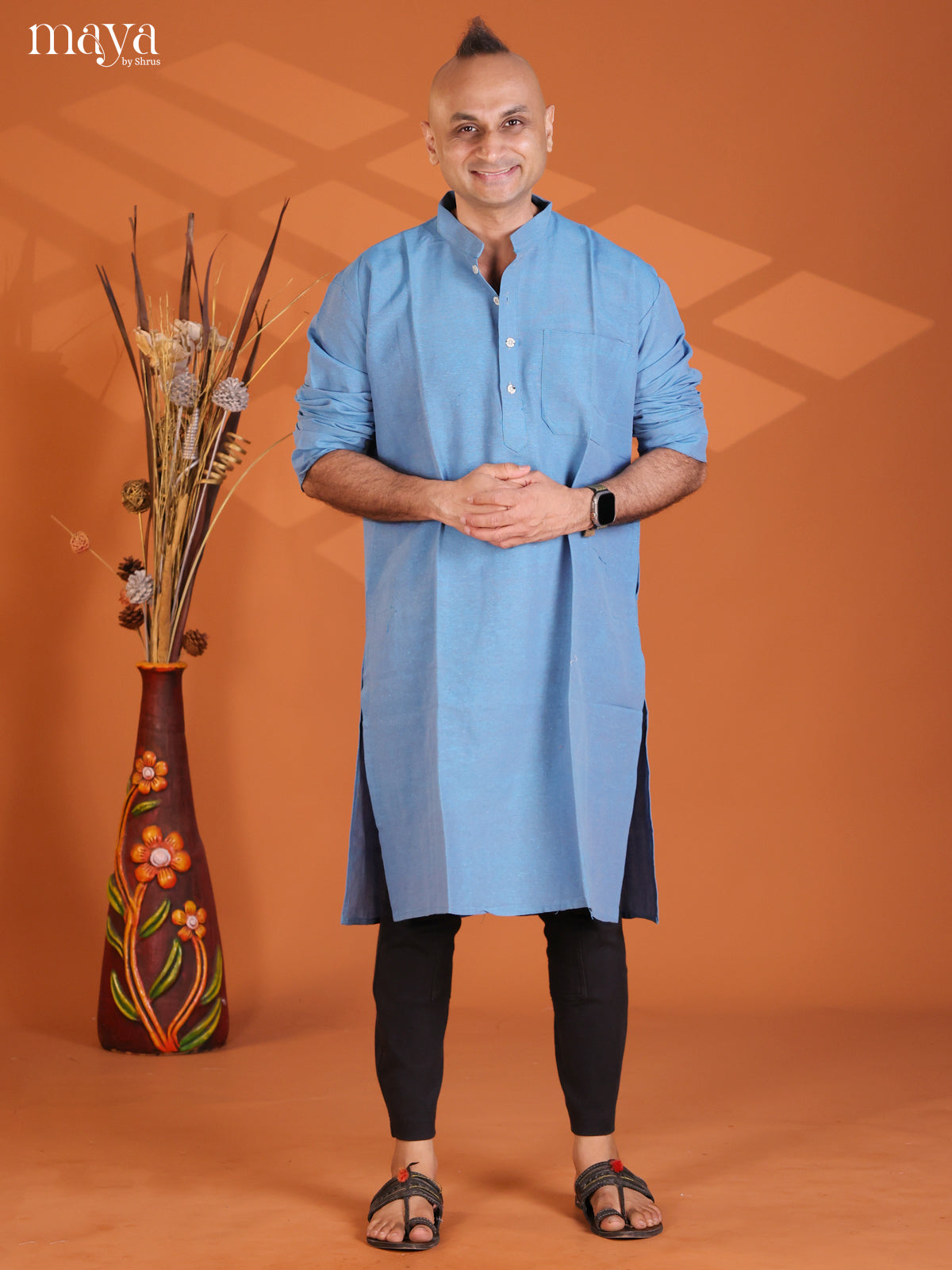 Peacock Blue Cotton Plain Long Kurta