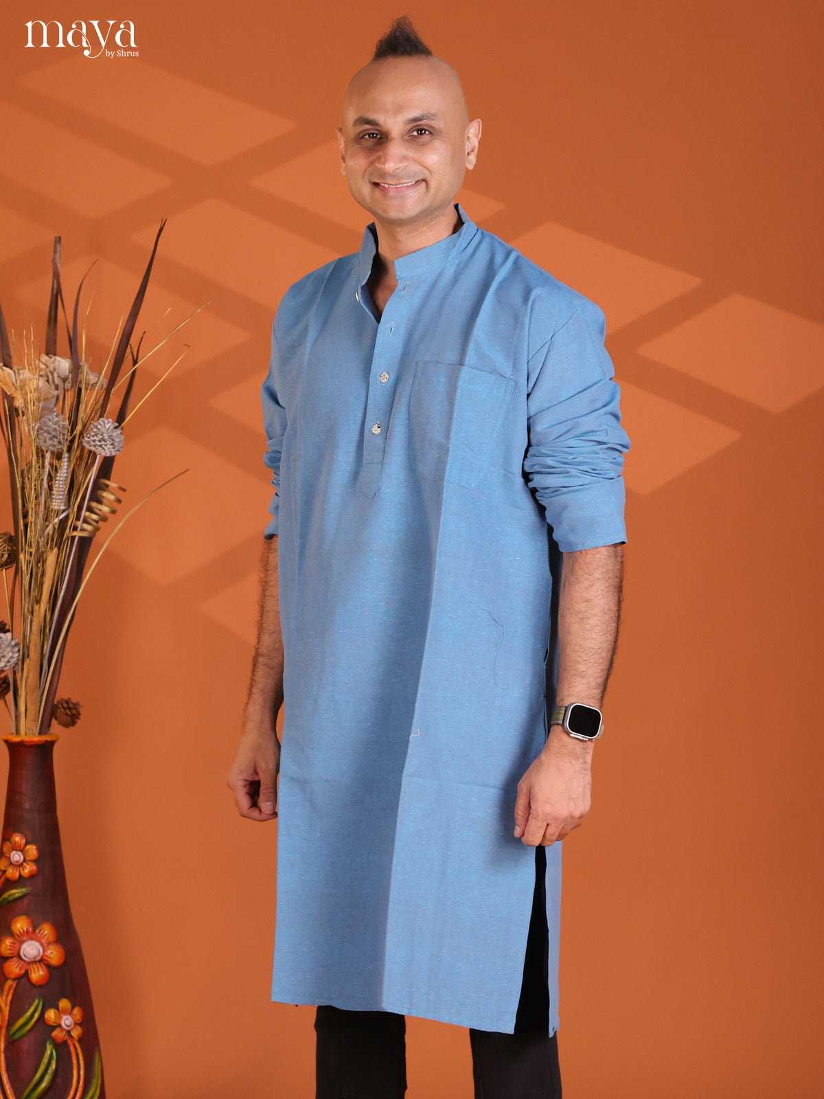 Peacock Blue Cotton Plain Long Kurta