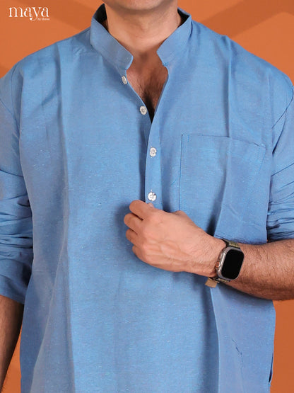 Peacock Blue Cotton Plain Long Kurta