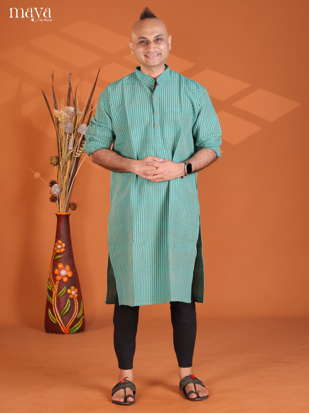 Teal Green Cotton Stripe Long Kurta