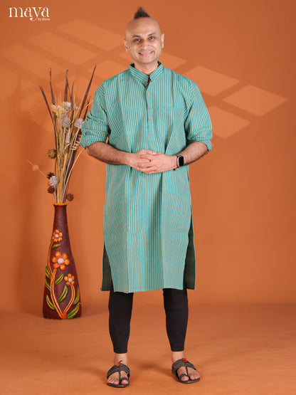 Teal Green Cotton Stripe Long Kurta