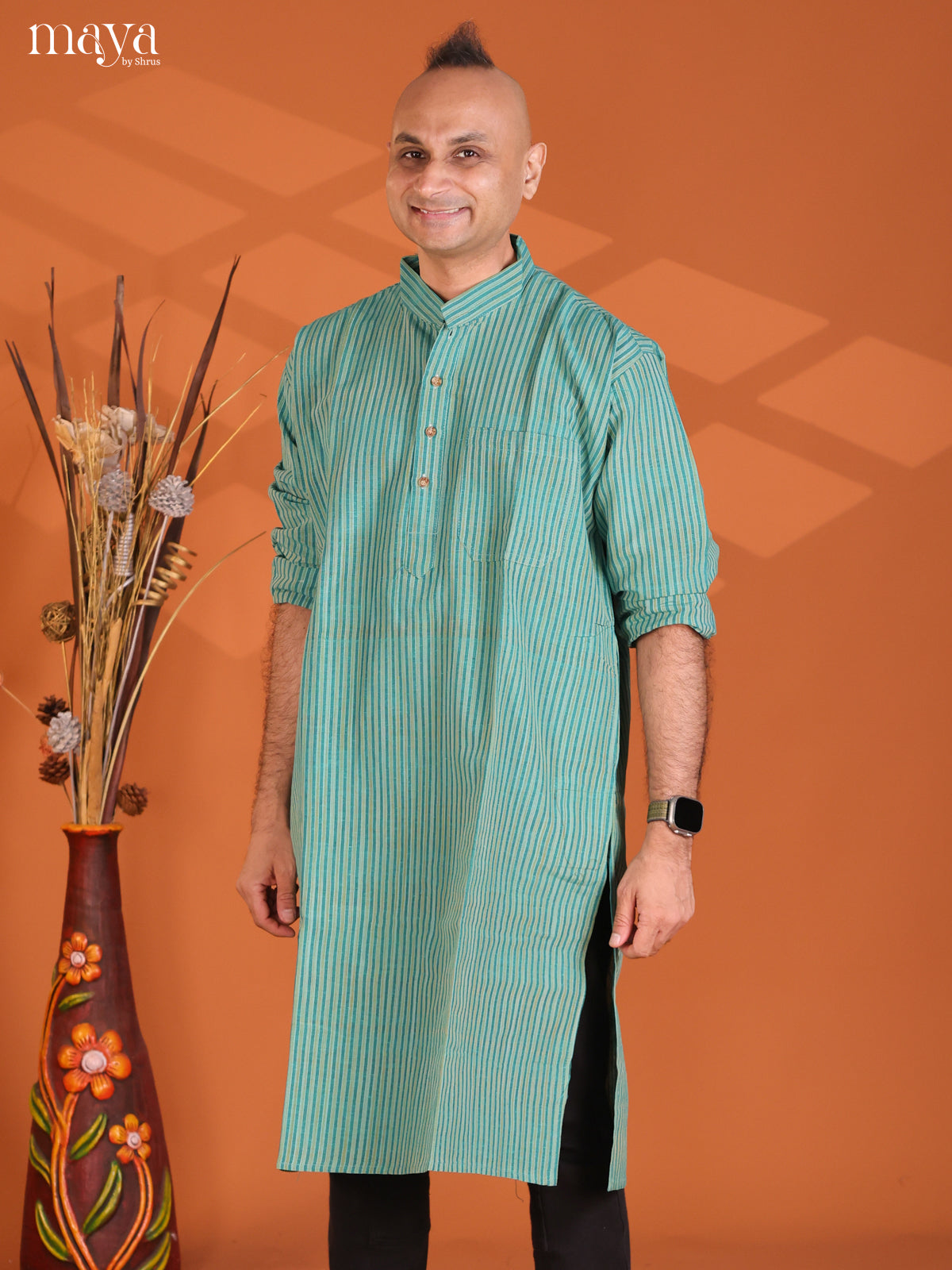 Teal Green Cotton Stripe Long Kurta