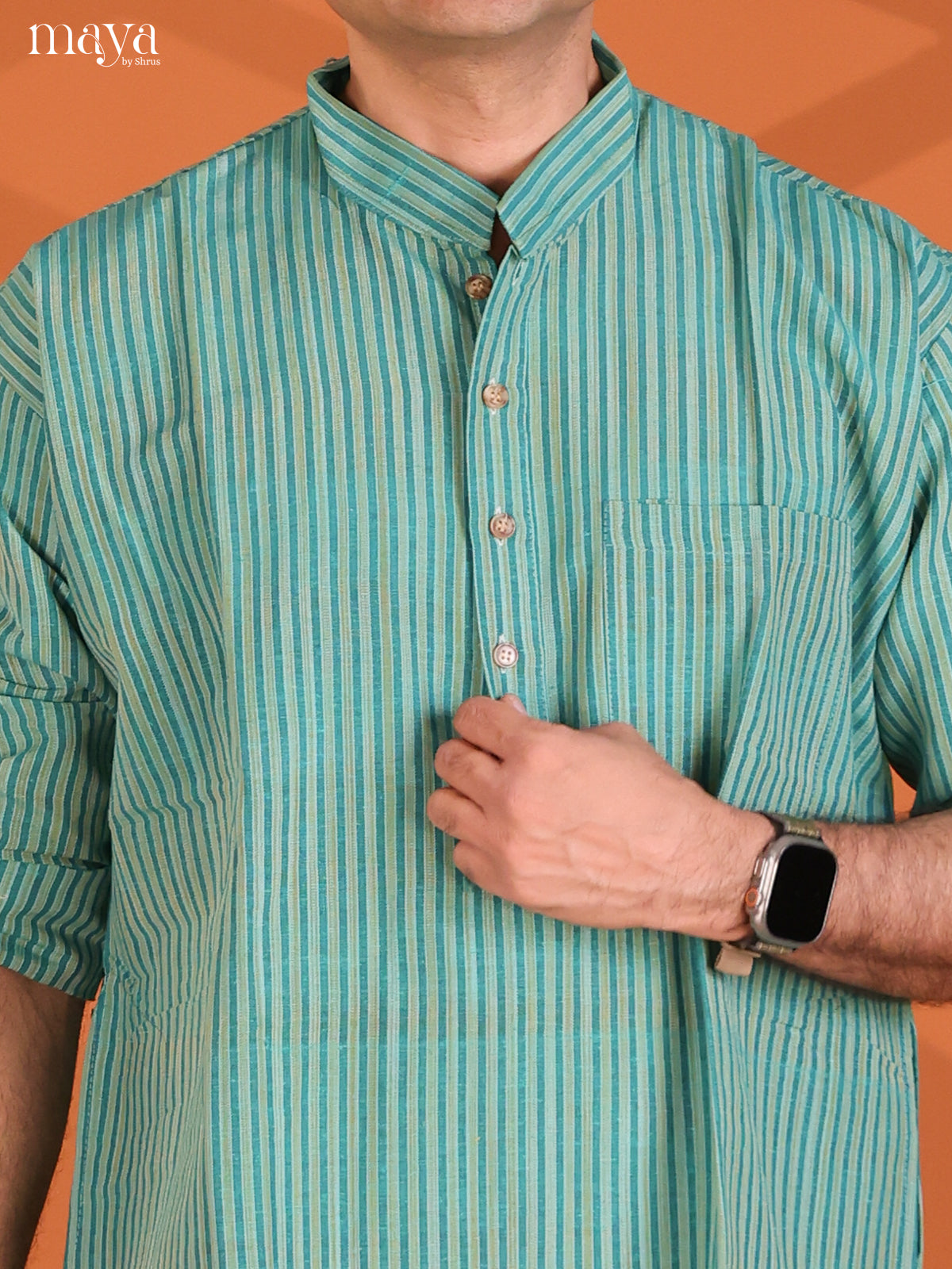 Teal Green Cotton Stripe Long Kurta