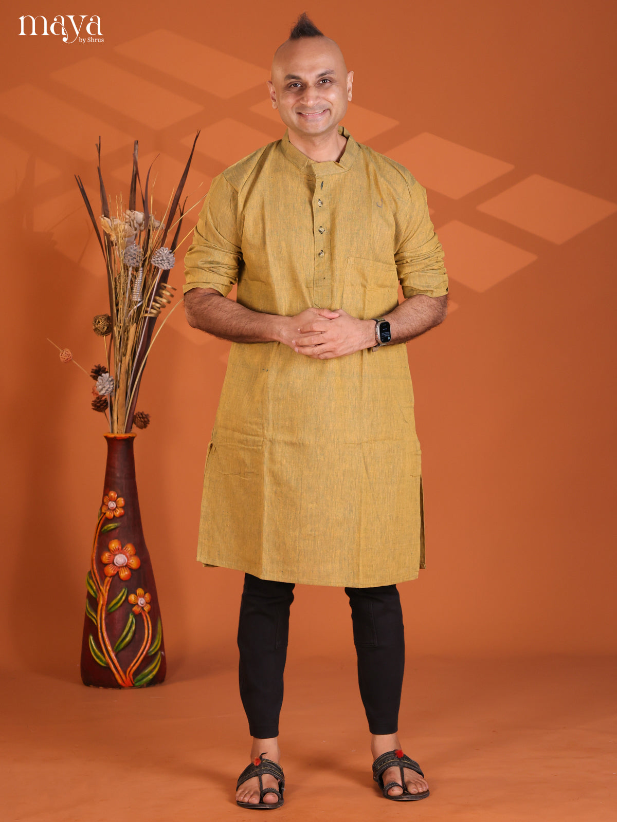 Yellow with Green Cotton Plain Long Kurta