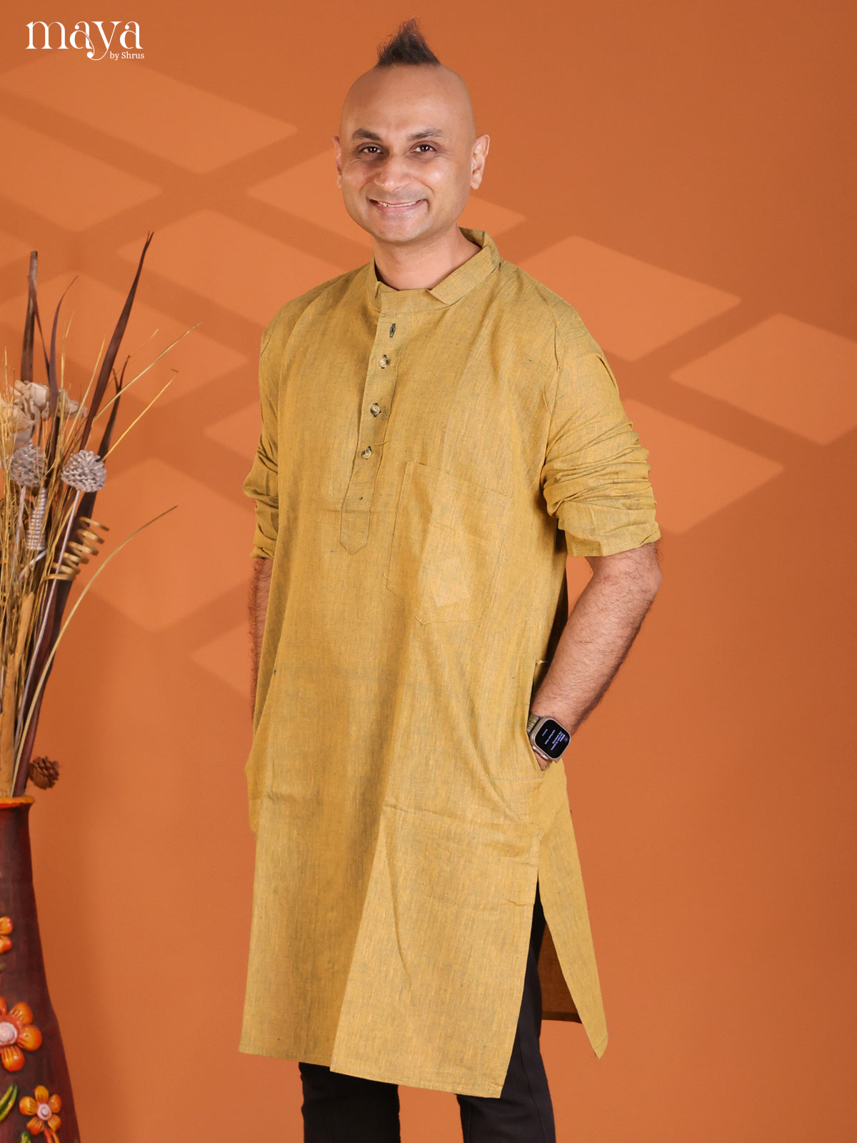 Yellow with Green Cotton Plain Long Kurta