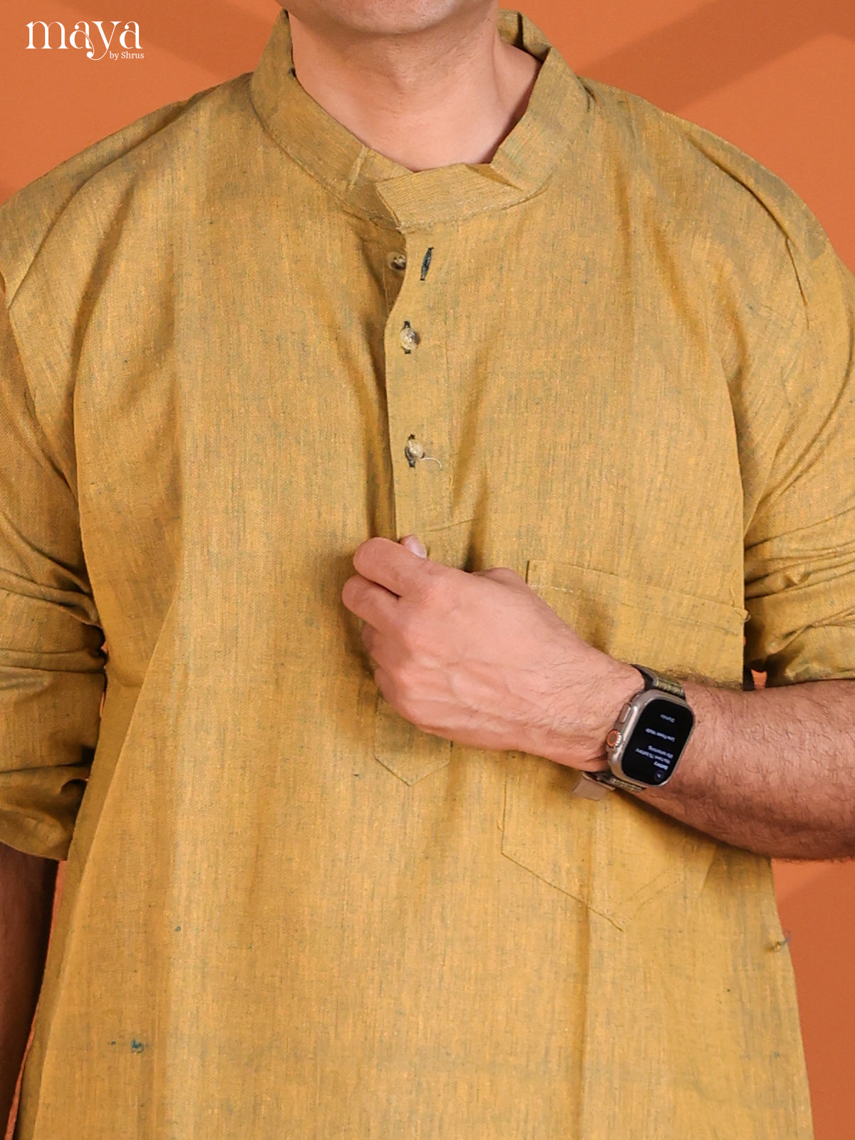 Yellow with Green Cotton Plain Long Kurta