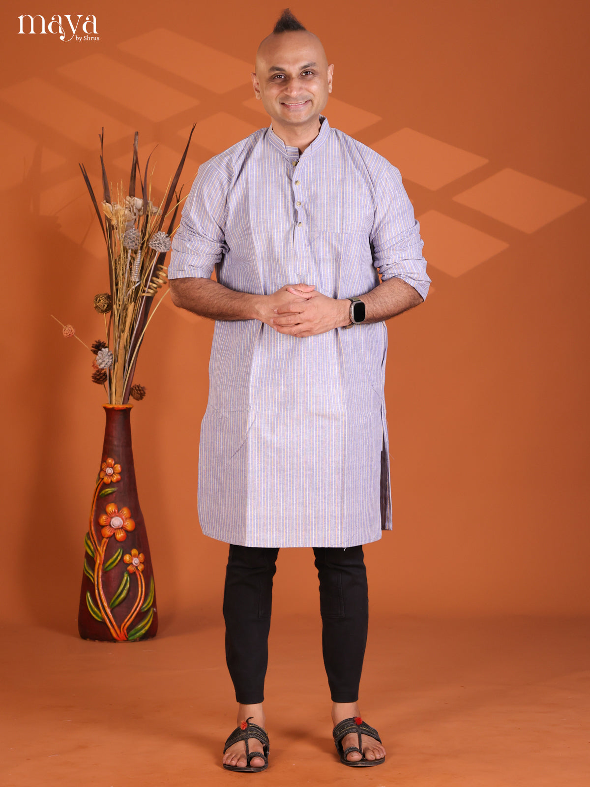 Light Blue Cotton Stripe Long Kurta