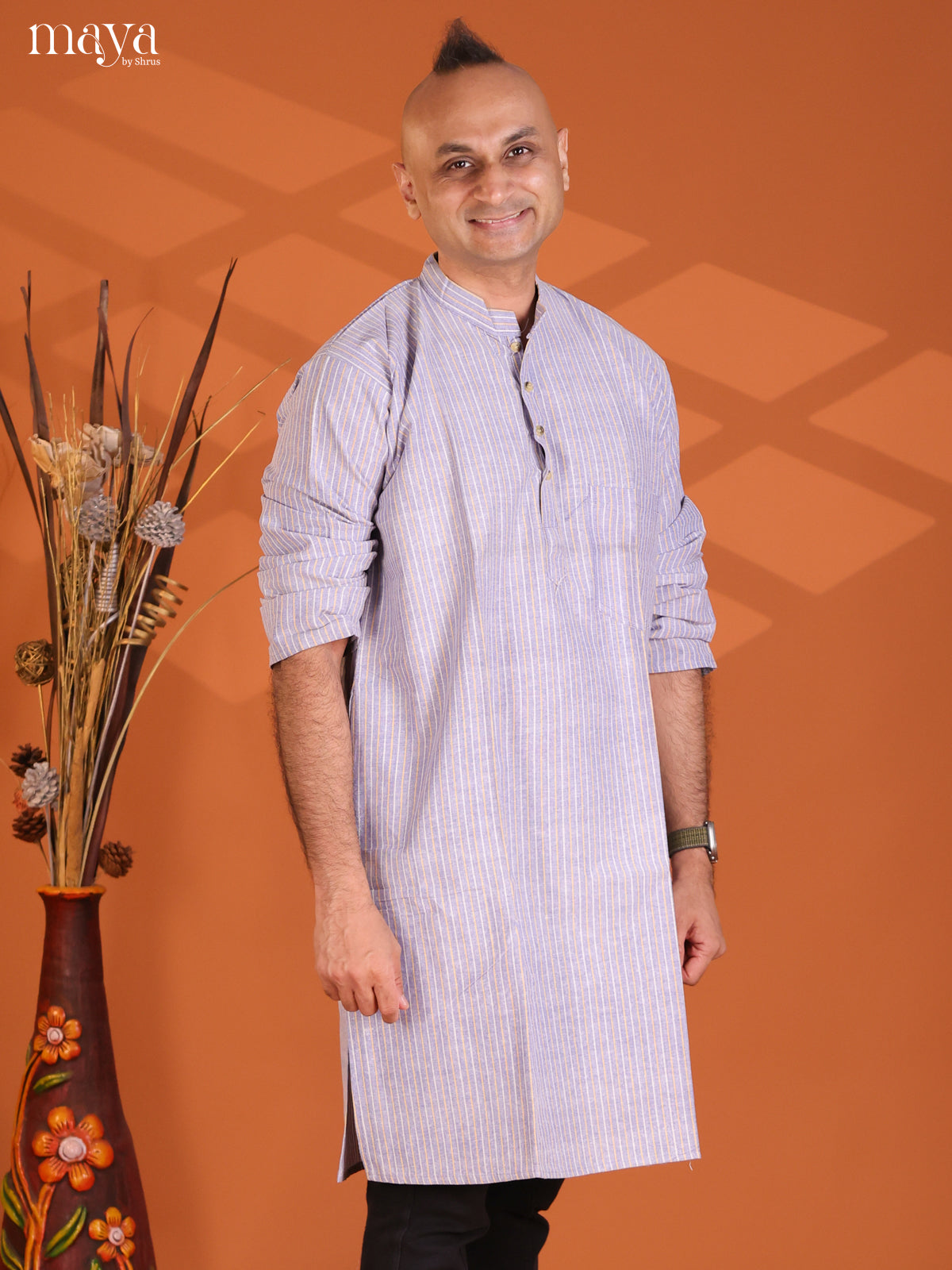 Light Blue Cotton Stripe Long Kurta