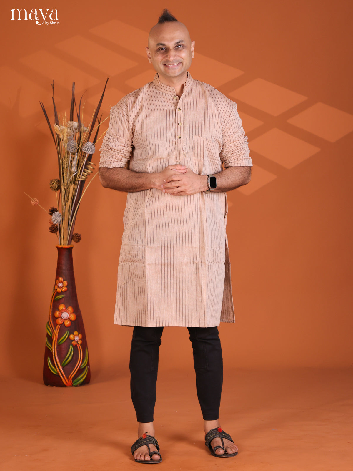 Beige with Brown Cotton Stripe Printed Long Kurta