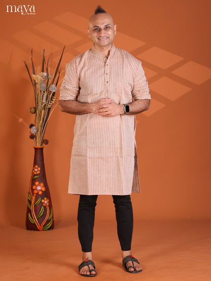 Beige with Brown Cotton Stripe Printed Long Kurta