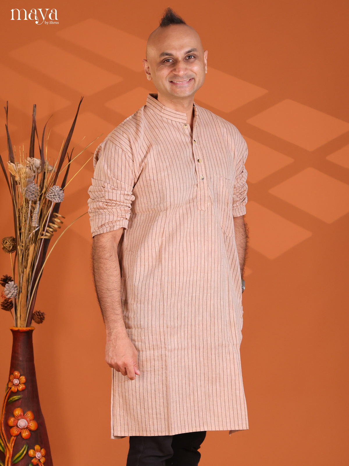 Beige with Brown Cotton Stripe Printed Long Kurta