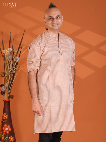Beige with Brown Cotton Stripe Printed Long Kurta