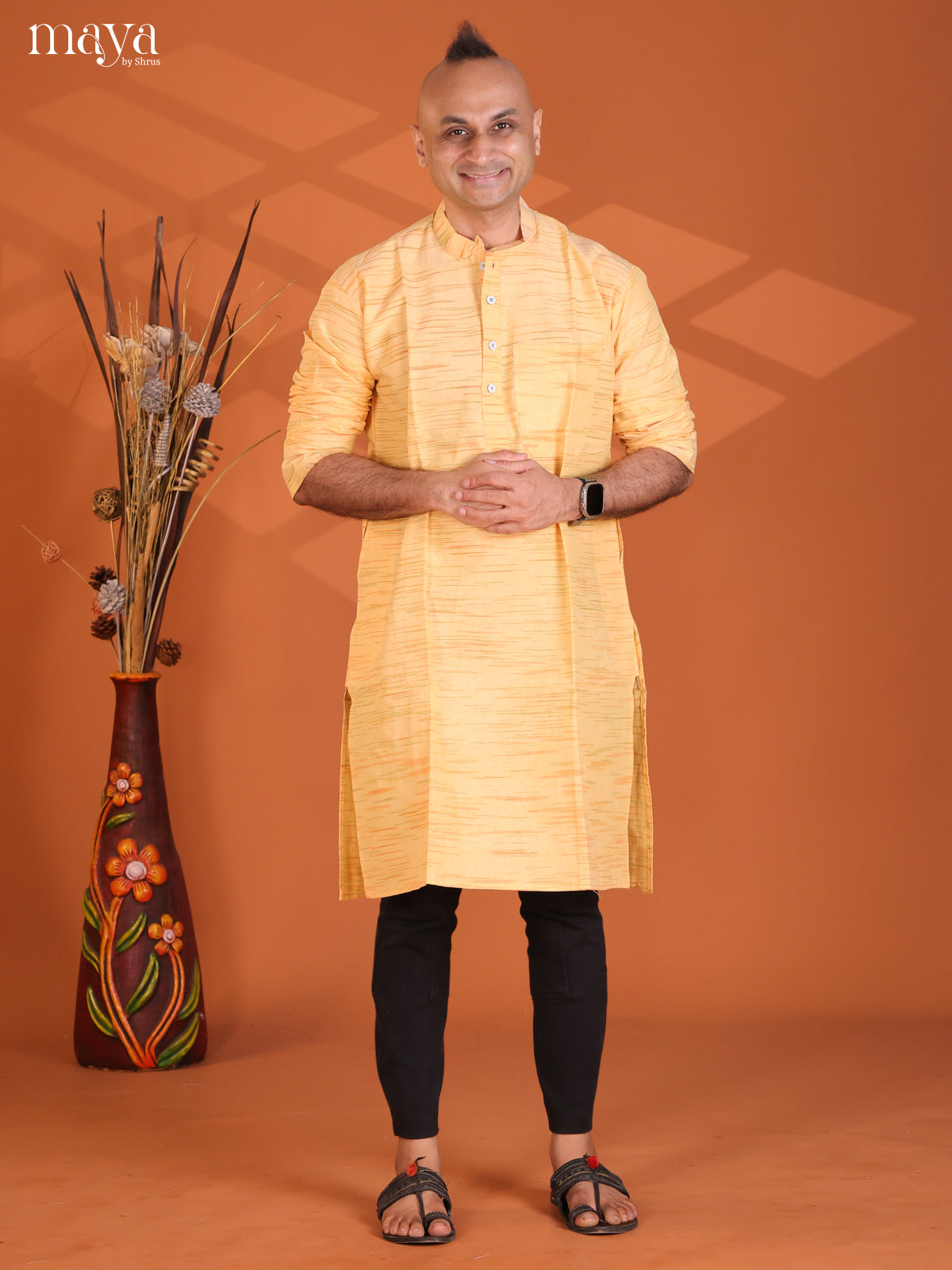 Light Yellow Cotton Ikat Long Kurta