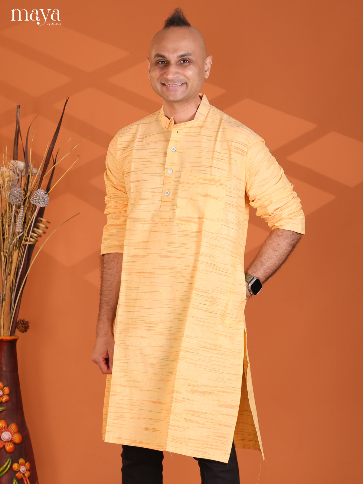 Light Yellow Cotton Ikat Long Kurta