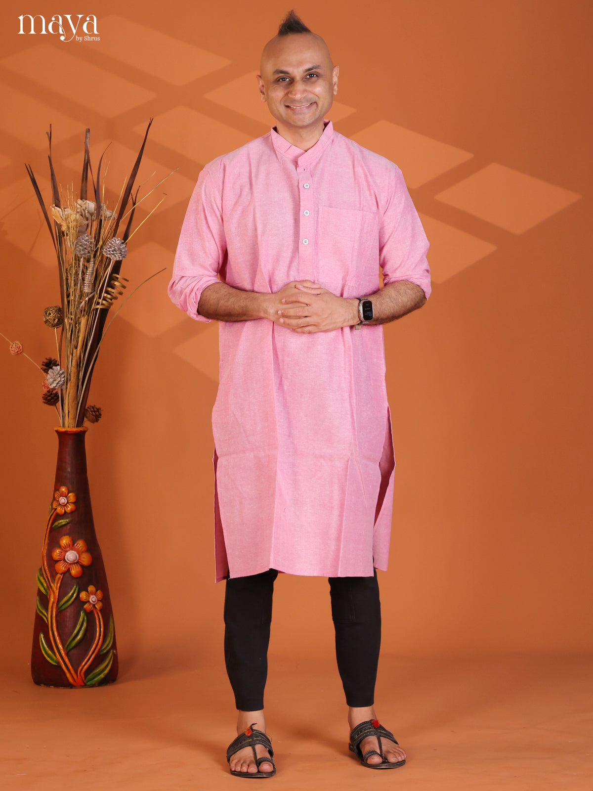 Pink Cotton Solid Long Men Kurta
