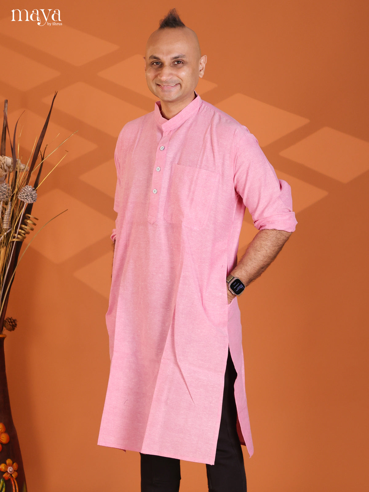 Pink Cotton Solid Long Men Kurta