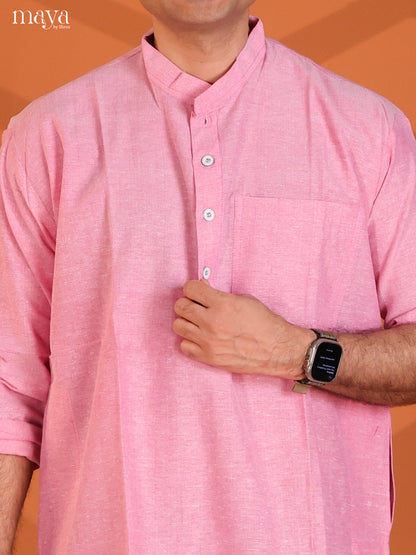 Pink Cotton Solid Long Men Kurta