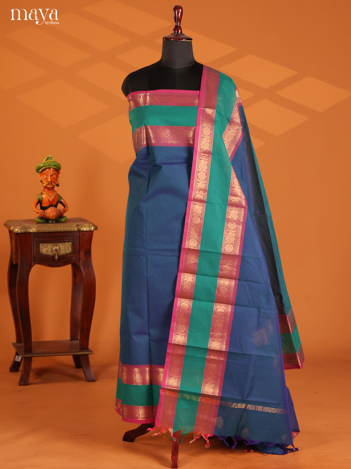 Blue & Green - chettinad top & dupatta combo