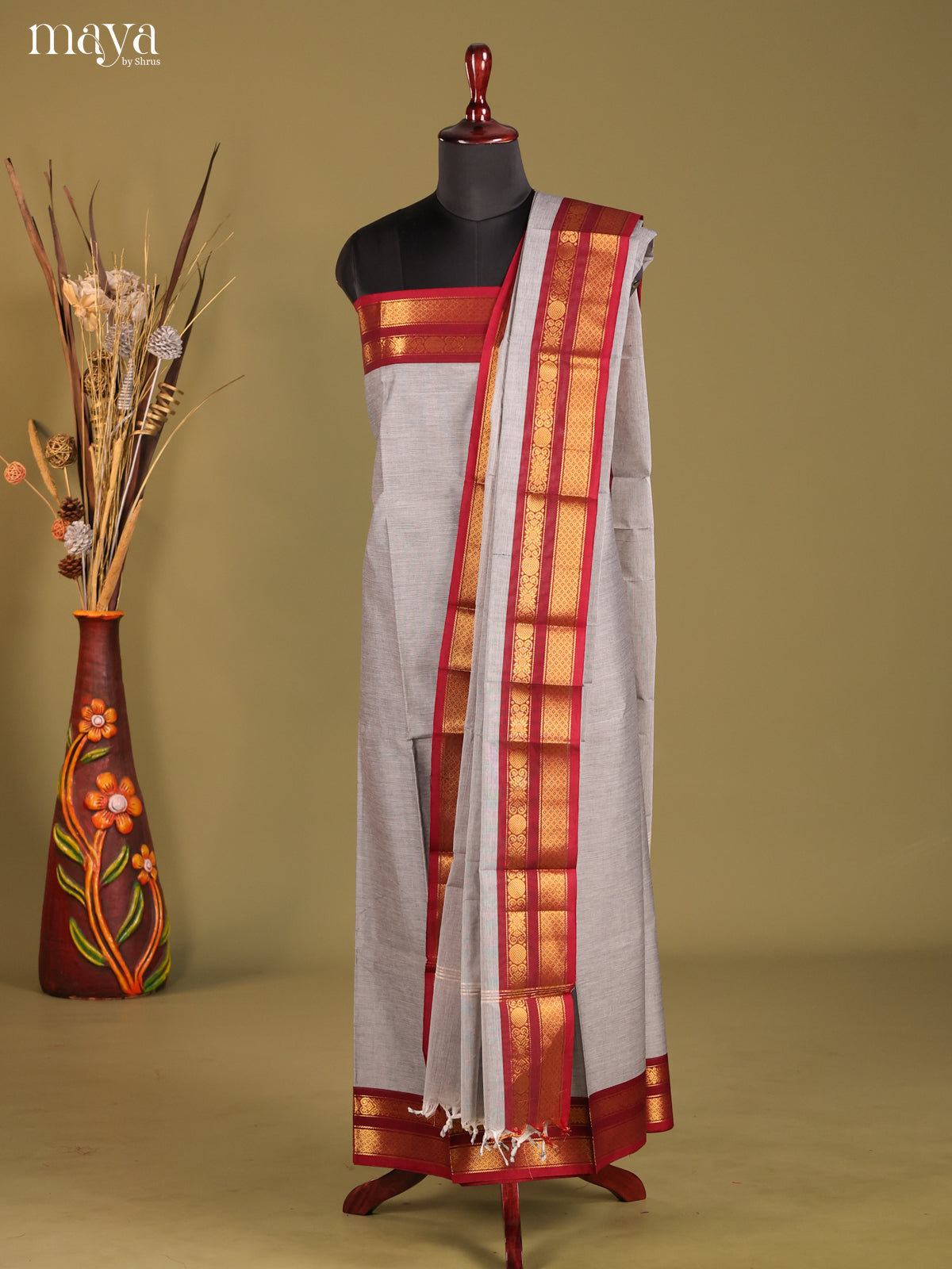 Grey & Maroon - chettinad top & dupatta combo
