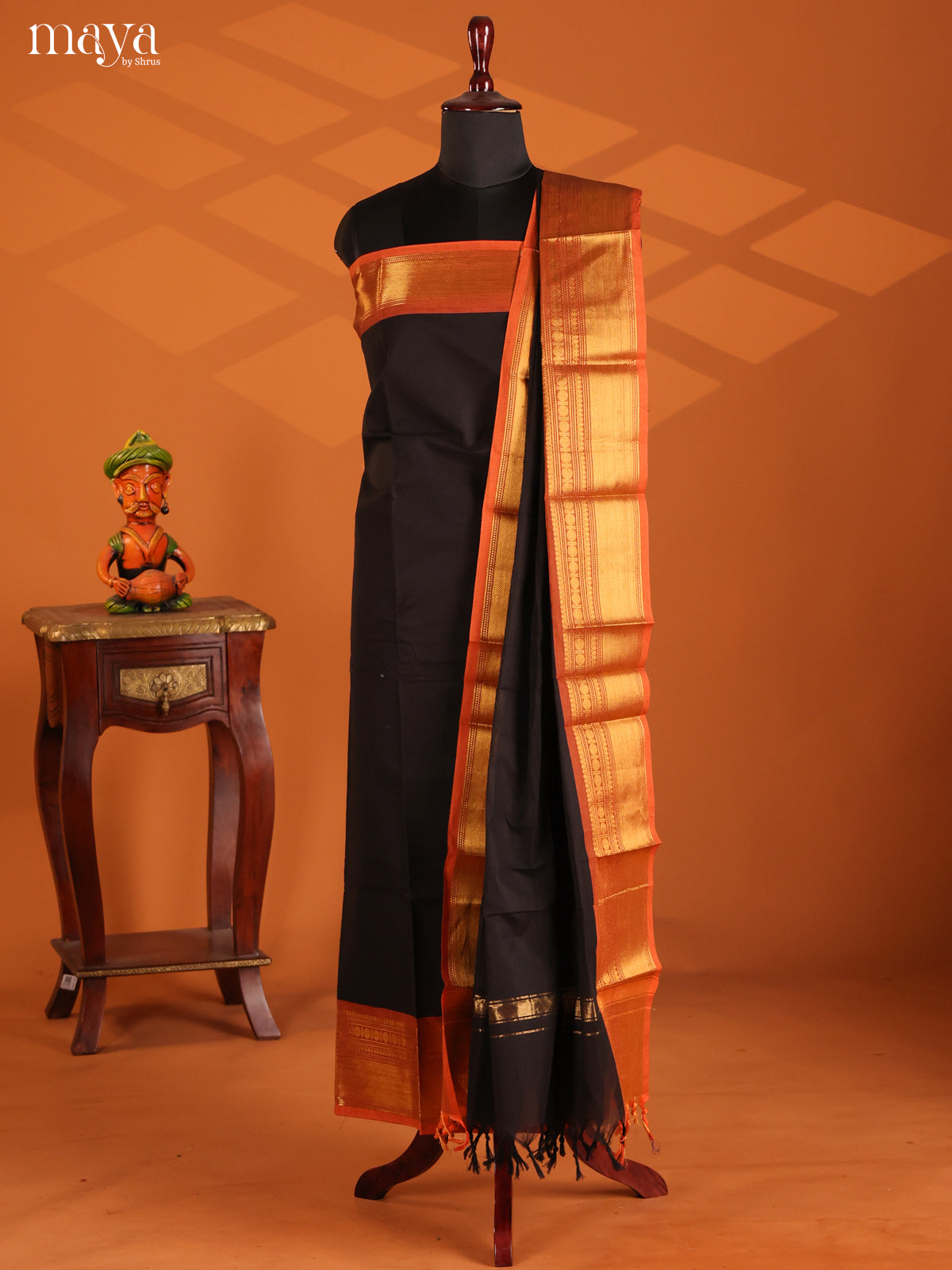 Black & Orange - chettinad top & dupatta combo