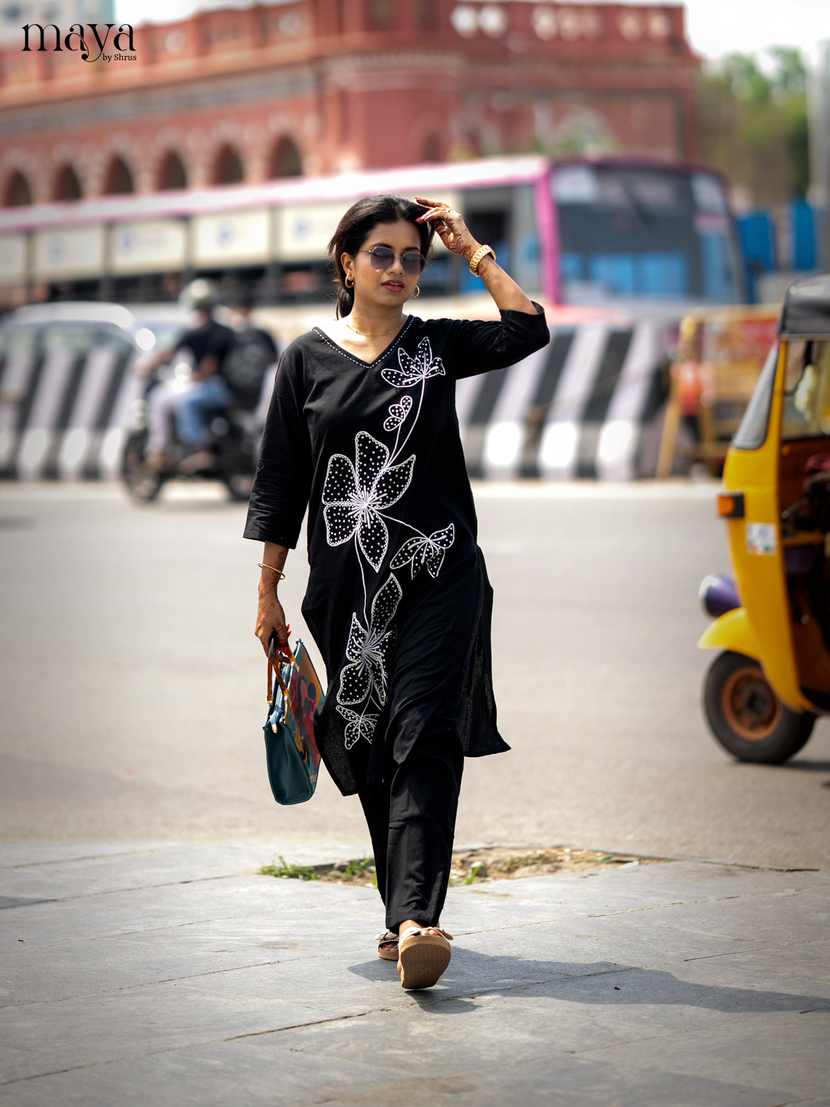 Black Cotton 2pc Floral Embroidered Salwar Suit - Top & Bottom