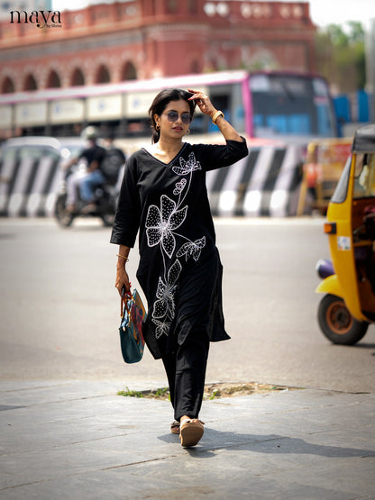 Black Cotton 2pc Floral Embroidered Salwar Suit - Top & Bottom