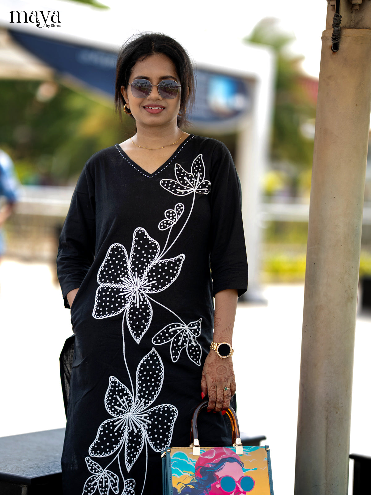 Black Cotton 2pc Floral Embroidered Salwar Suit - Top & Bottom
