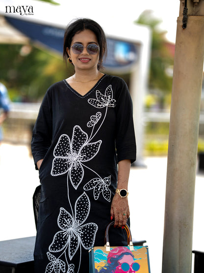 Black Cotton 2pc Floral Embroidered Salwar Suit - Top & Bottom