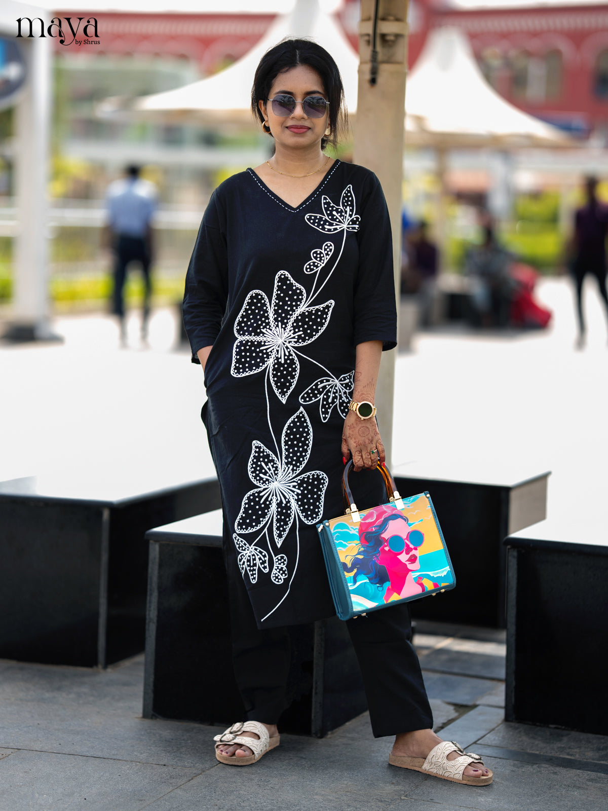 Black Cotton 2pc Floral Embroidered Salwar Suit - Top & Bottom