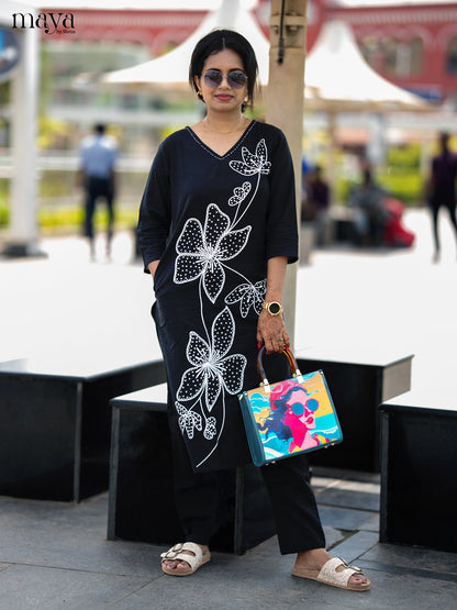 Black Cotton 2pc Floral Embroidered Salwar Suit - Top & Bottom