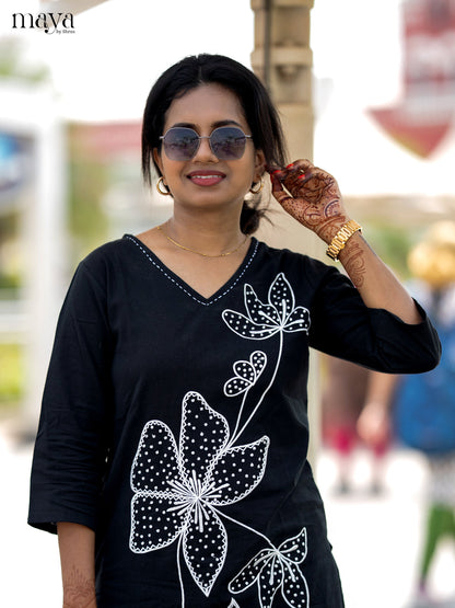 Black Cotton 2pc Floral Embroidered Salwar Suit - Top & Bottom