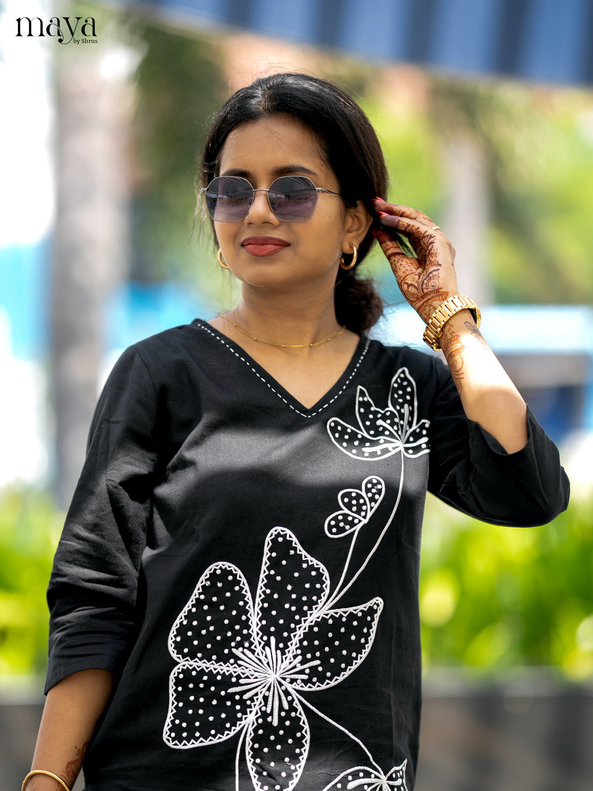 Black Cotton 2pc Floral Embroidered Salwar Suit - Top & Bottom