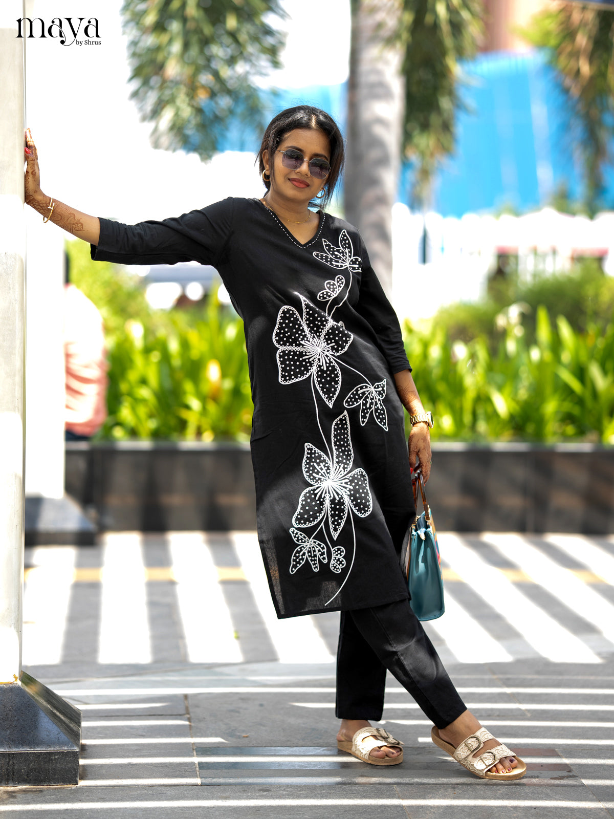 Black Cotton 2pc Floral Embroidered Salwar Suit - Top & Bottom
