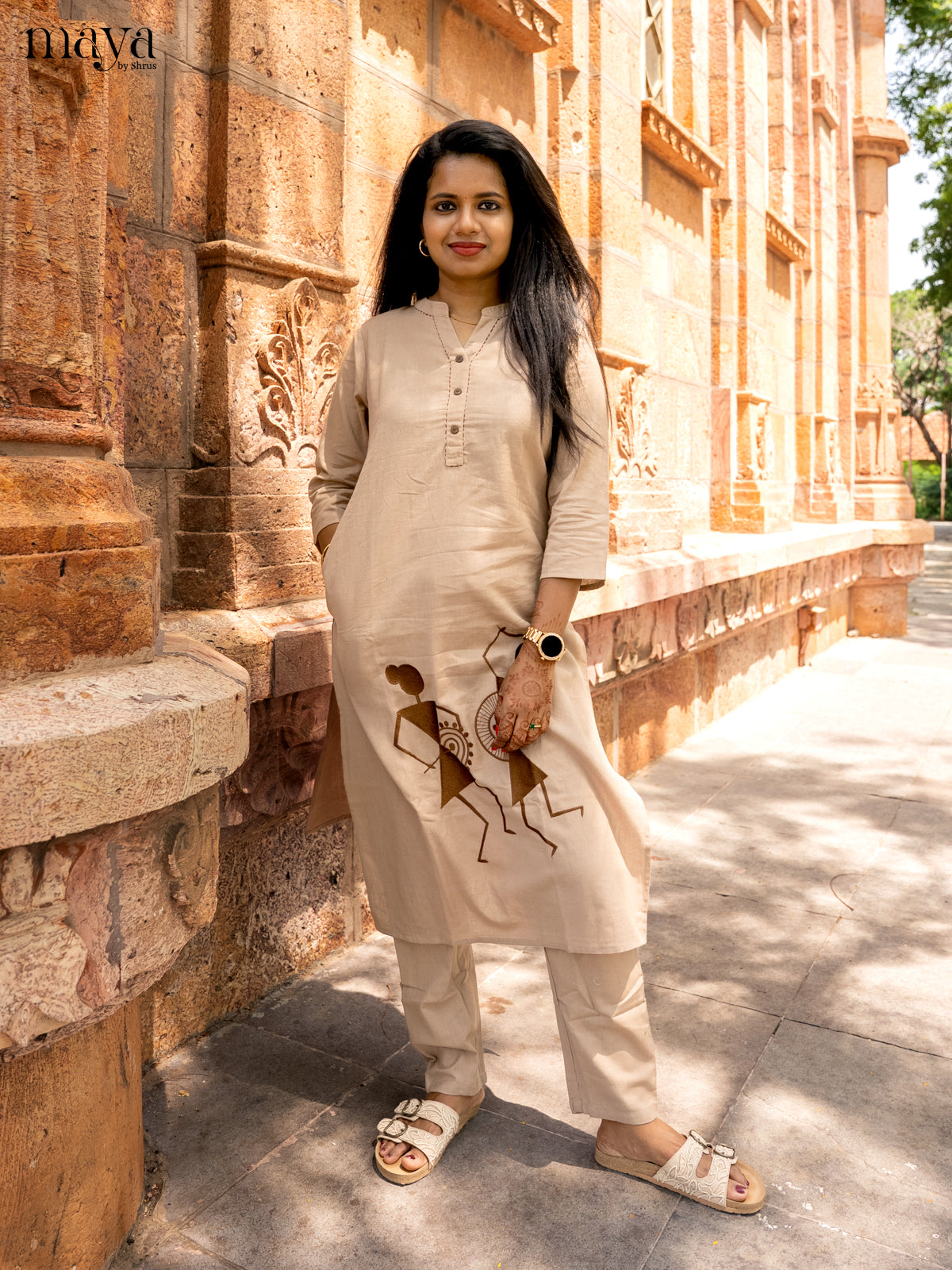 Light Brown Cotton 2pc Warli Embroidered Salwar Suit - Top & Bottom