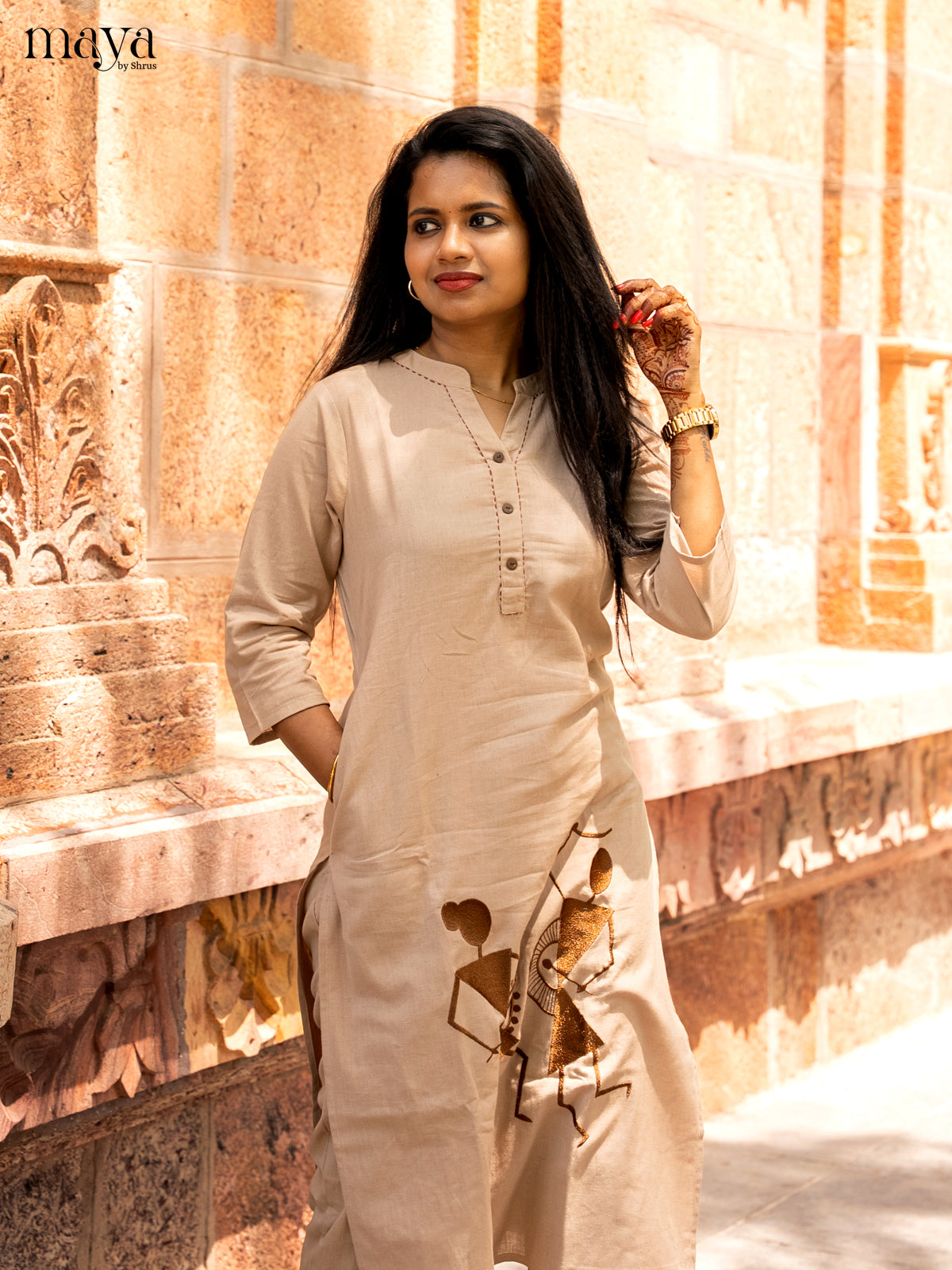 Light Brown Cotton 2pc Warli Embroidered Salwar Suit - Top & Bottom